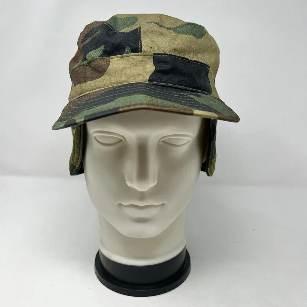 US Army Military BDU Cap / Hat Woodland CAMO Winter Fold Down Flaps - Size 6-7/8
